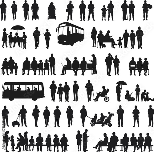 Silhouette people walking, families with children, strollers, wheelchairs, umbrellas, bicycles, benches, buses, everyday lifestyle, urban community social interaction illustration