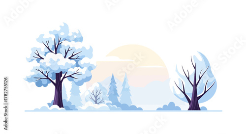 Serene winter landscape with snow covered trees and sun. Flat Vector Illustrations. EPS Editable