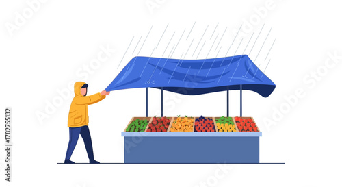 Street vendor in a yellow raincoat covering a fruit stall with a tarp during rain. Flat Vector Illustrations. EPS Editable