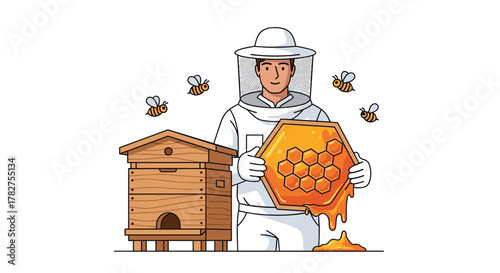 Beekeeper proudly showing off fresh honeycomb dripping with golden honey near wooden beehive with buzzing bees