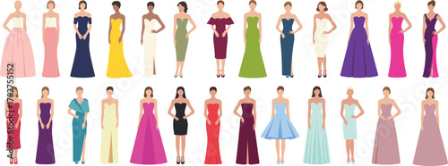 Elegant women in formal evening gowns, diverse dress styles, fashion illustration, ball gowns, prom dresses, stylish silhouettes, vector clipart set