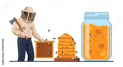 Beekeeper inspecting honeycomb with fresh honey jar, perfect for natural food brand or agricultural business marketing