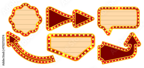 Marquee circus rectangle light sign with casino frame and carnival board. Retro hotel bulb glow red arrow in vintage style for broadway show. Blank lottery or club announcement label for winner.