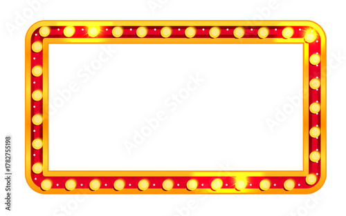 Marquee circus rectangle sign light with carnival frame and casino glow board. Retro cinema bulb border in gold vintage style for theater show, broadway poster. Blank billboard isolated on background.