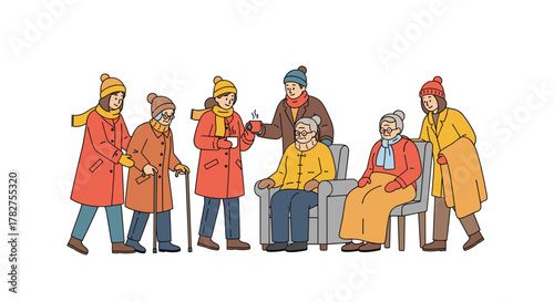 Caring young adults offering tea and support to elderly ladies in assisted living facility during the cold winter season