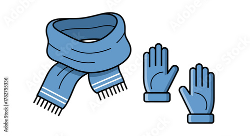 Warm blue winter scarf and matching gloves set illustration. Flat Vector Illustrations. EPS Editable