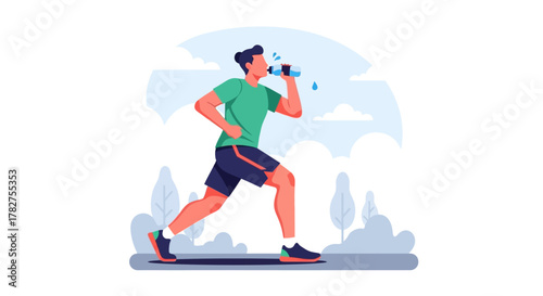 Young man running on a treadmill and drinking water for hydration. Flat Vector Illustrations. EPS Editable