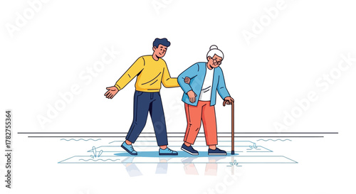 Young man helping an elderly woman with a walking cane illustration. Flat Vector Illustrations. EPS Editable