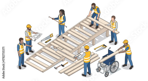 Construction team building accessible ramp for wheelchair access with modern design and safety vests on white background isometric view