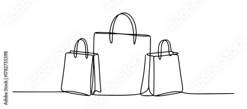 Minimalist Single Line Drawing of Three Shopping Bags on White Background