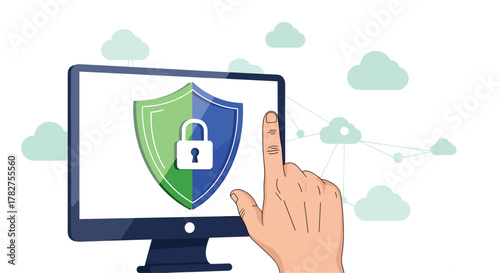 Ensure data protection with cloud security and a secure network, finger touching monitor for online safety and privacy