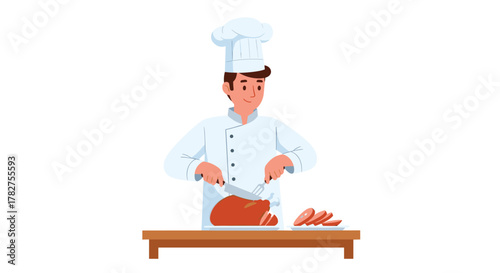 Professional chef carving delicious roasted turkey for Thanksgiving dinner in modern restaurant kitchen setting
