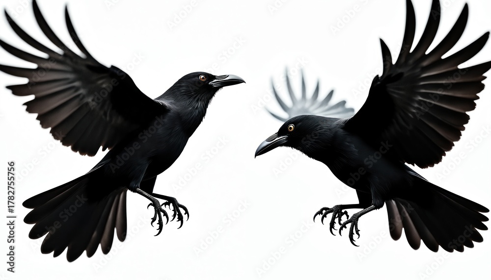 Obraz premium Two black birds fly with spread wings. They appear in motion against bright background. Crows or ravens soar through air, their dark feathers contrast with white sky. Pair of wild birds together.