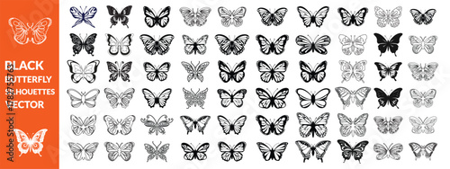 Black butterfly silhouettes. Outline butterflies romantic tattoo, tropical insects stencil. Summer and spring exotic symbols isolated vector set. Elegant wild flying moth of various shapes , big set 