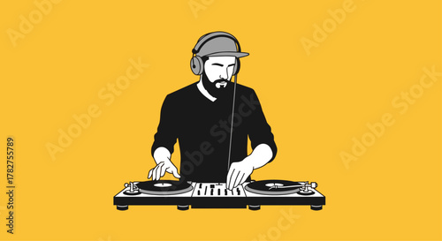 Groovy DJ spinning vibrant tunes with retro turntable, perfect for music events and entertainment promotions