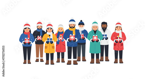Diverse group celebrating winter holidays with gifts and warm clothing against a clean white backdrop for festive marketing