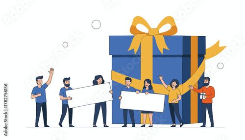 Excited group celebrating a huge gift holding blank signs for your message, perfect for birthdays or corporate events