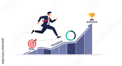 Dynamic businessman racing towards success on upward trending graph to win a golden trophy, illustrating ambition