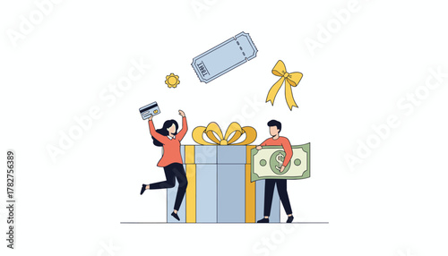 Excited people celebrating with gift card, cash, and tickets for winning big in a sweepstakes giveaway promotion