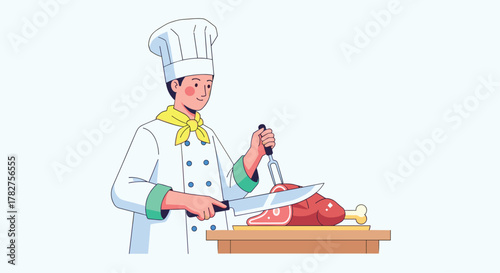 Professional chef cutting succulent roasted meat with carving knife in modern kitchen for culinary blog or food delivery service