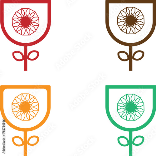 A vibrant set of four symmetrical flower icons, each featuring a mandala-style petal design enclosed within a shield-like head.