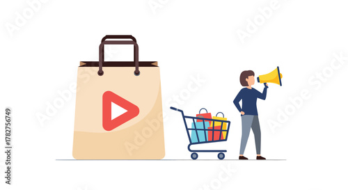 Announcing exclusive deals on shopping spree with megaphone to boost sales and attract customers for retail promotions