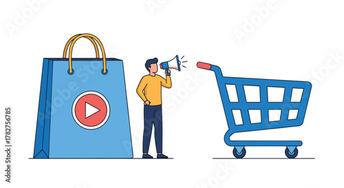 Boost your sales with this vibrant shopping promotion illustration featuring a megaphone and shopping cart perfect for ads