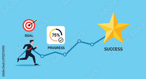 Running to success achieving goals charting progress to a golden star showing business growth and investment strategy success