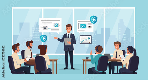 Dynamic team training on cybersecurity with interactive presentations in a bright modern office setting for corporate success