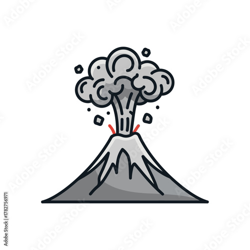 Stylized volcano eruption illustration showing smoke plume and geological activity on a white background.