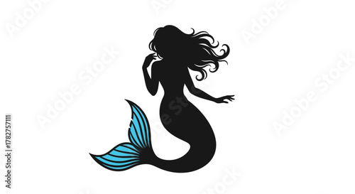 Elegant black mermaid silhouette with flowing hair and a vibrant blue striped tail, isolated on a white background.