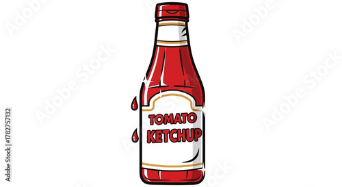 Illustration of a classic red tomato ketchup bottle with a white label and two drips, condiment icon