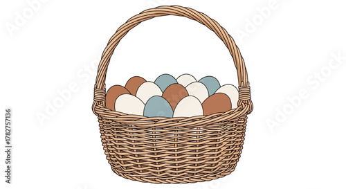 A charming woven basket overflowing with an assortment of fresh chicken eggs in various colors, isolated cartoon illustration.