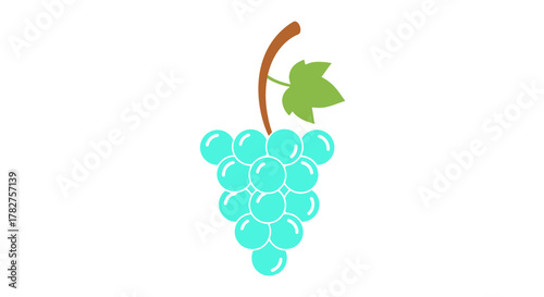 Stylized turquoise grape cluster illustration with a green leaf and brown stem, isolated on a pure white background.