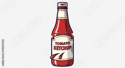 Cartoon illustration of a classic tomato ketchup bottle with a label and dripping sauce, perfect for food themes and branding.