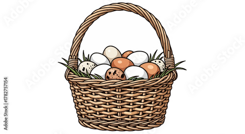Woven wicker basket overflowing with fresh farm chicken and quail eggs with green grass isolated on white