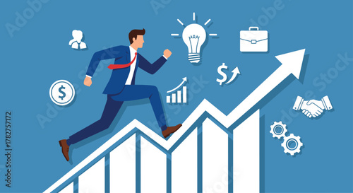 Dynamic businessman running up growth chart towards success and bright ideas in a modern business environment