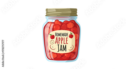 Homemade apple jam in a glass jar with a label, sweet fruit preserve, kitchen pantry item illustration vector