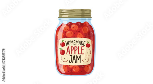 Sweet homemade apple jam preserves in a glass jar with golden lid and a rustic label for breakfast spread vector illustration on white.