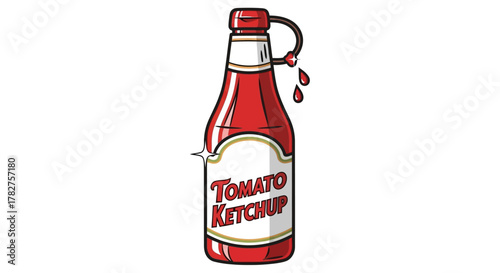 Tomato ketchup bottle with drips cartoon illustration. classic condiment, food flavoring, sauce container graphic.