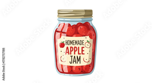 Homemade apple jam jar cartoon illustration. sweet fruit preserve in glass container with label design on white.