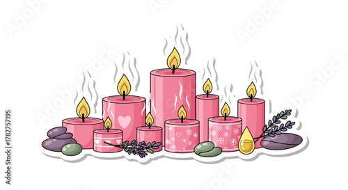 Relaxing spa setup with lit pink aromatic candles, lavender, and massage stones for a tranquil ambiance
