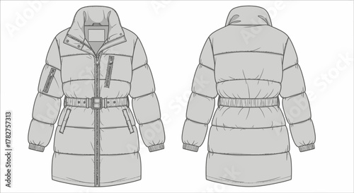 Women's long puffer jacket fashion flat technical drawing with belt, front and back view, vector illustration on white.