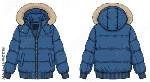Blue puffer jacket with fur hood, front and back views, insulated winter clothing vector illustration design.