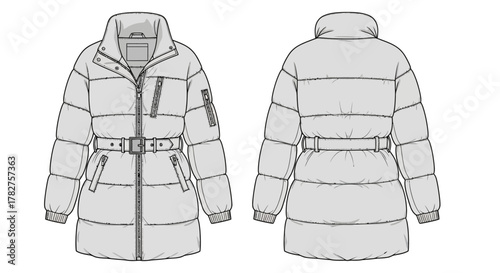 Women's long belted puffer jacket fashion flat technical drawing with front and back views for cad design.