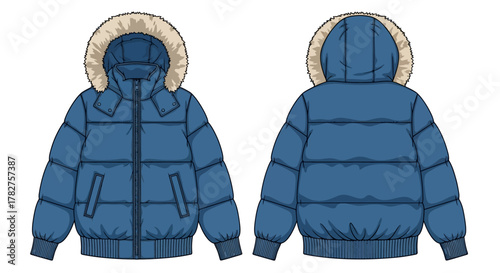 Blue puffer jacket with fur hood, front and back views, warm winter outerwear flat vector illustration on white.