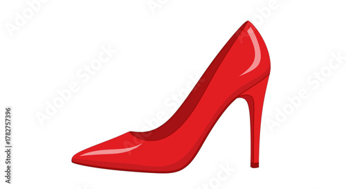 Red high heel stiletto pump shoe for women with pointed toe, glossy finish, isolated vector fashion accessory icon.