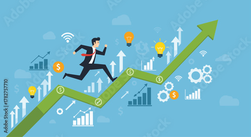 Driven businessman sprints towards financial success on upward growth chart with bright ideas illuminating the path forward