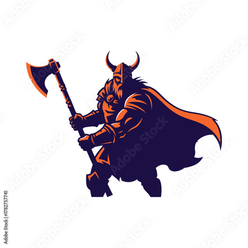 Powerful viking warrior mascot illustration holding a battle axe, representing strength and ancient mythology art.