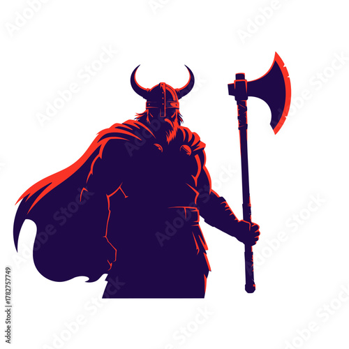 Stylized illustration of a mighty viking warrior wearing a horned helmet and holding a large battle axe, standing firm